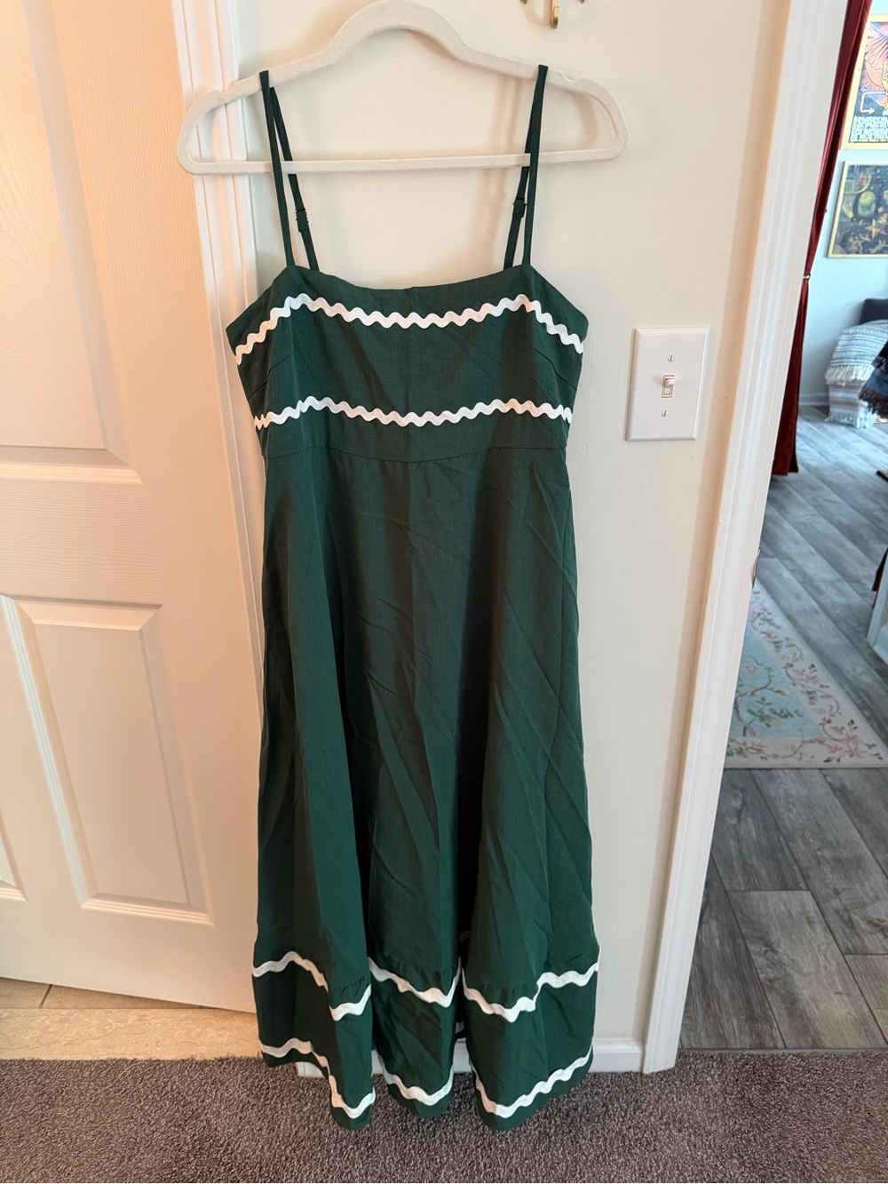 Prettygarden dark green and white ric rac scalloped trim maxi dress